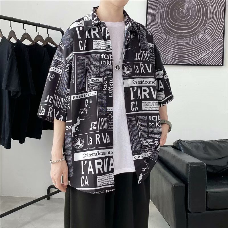 Hong Kong-style short-sleeved shirt for men on Instagram, a loose newspaper shirt with five-quarter sleeves, a summer trendy Korean-style top Specification image