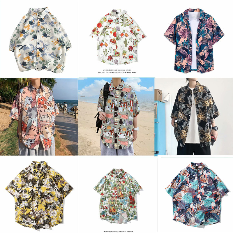 Hawaiian streetwear brand ins short-sleeved floral shirts for men's summer fashion, loose beach tops, and seaside vacation shirts are trendy
