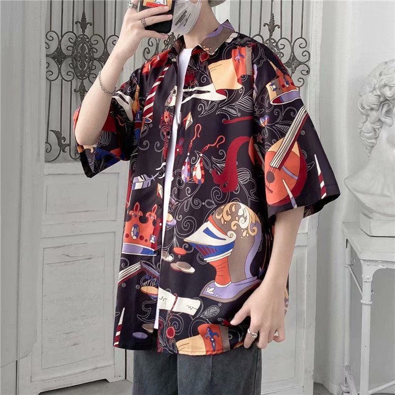 Summer short-sleeved floral shirts for men, Korean-style loose floral shirts, Japanese-style Hawaiian cool and stylish Hong Kong-style outerwear trends Specification image