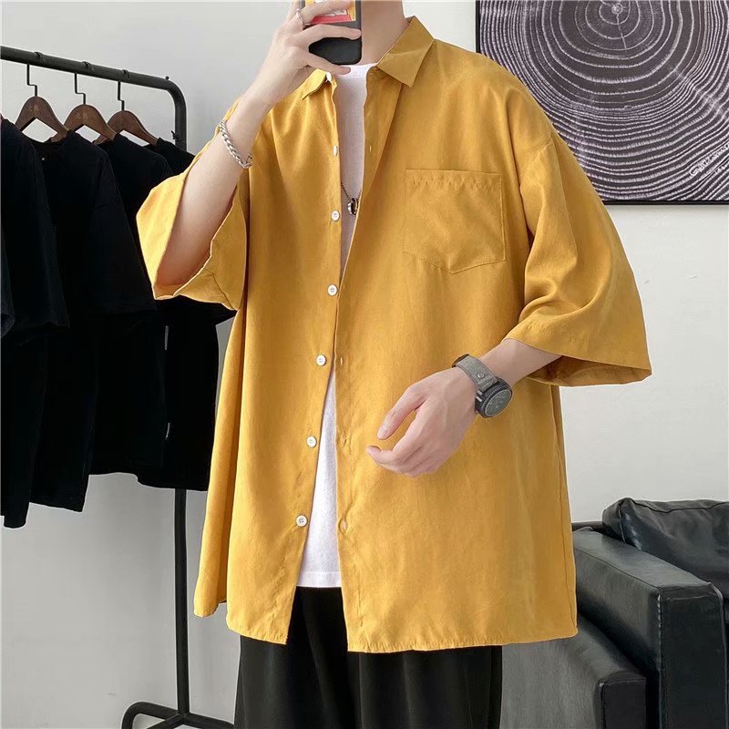 Short-sleeved shirt for men, summer Korean-style trendy shirt, Hong Kong-style Japanese laid-back style, simple and loose five-quarter sleeve shirt Specification image