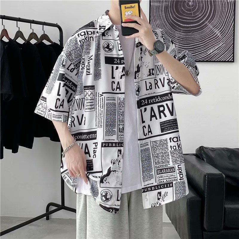 Hong Kong-style short-sleeved shirt for men on Instagram, a loose newspaper shirt with five-quarter sleeves, a summer trendy Korean-style top details Picture