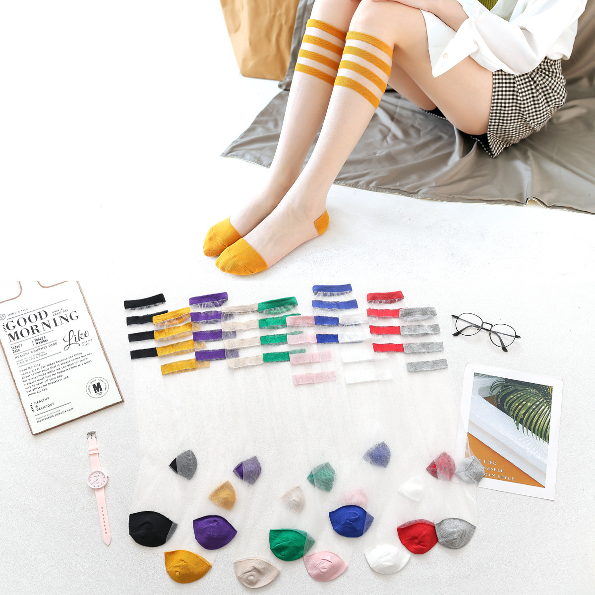 日系少女弹力丝小腿袜春夏薄款透气吸汗学生ins潮条纹中筒袜批发