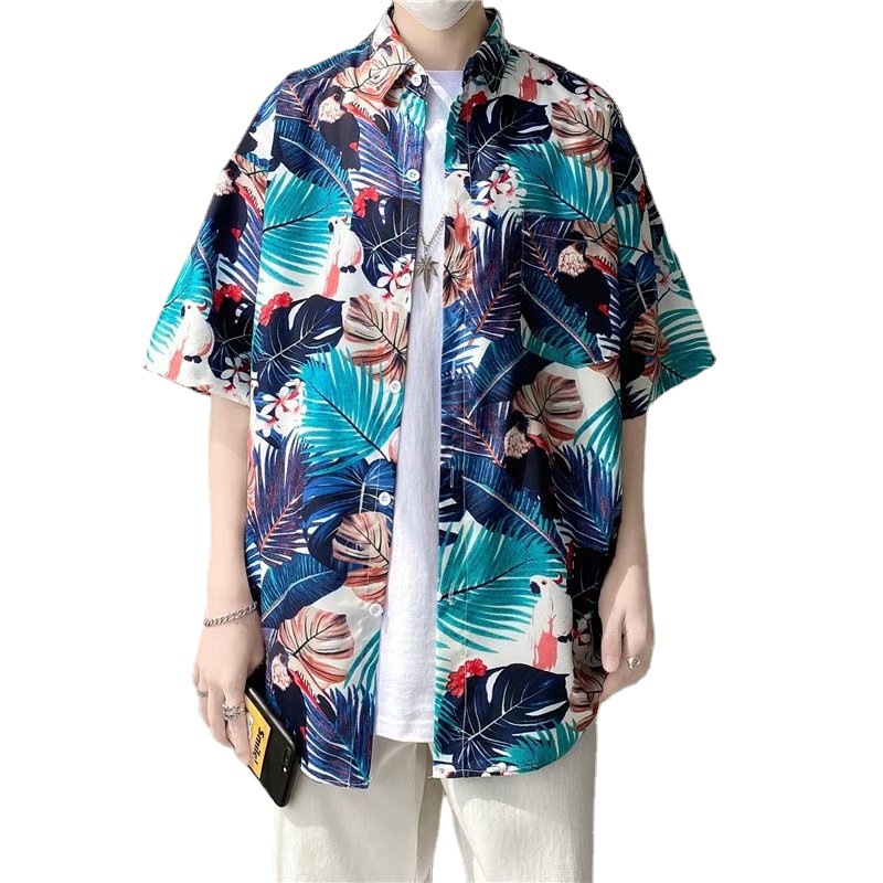 Summer short-sleeved floral shirts for men, Korean-style loose floral shirts, Japanese-style Hawaiian cool and stylish Hong Kong-style outerwear trends Item Picture