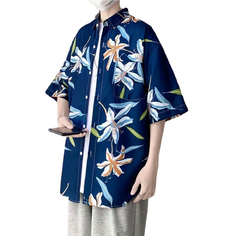New ins sea breeze chic floral short-sleeved shirts for foreign trade, trendy couple, Hawaiian style beach floral shirts for men Item Picture