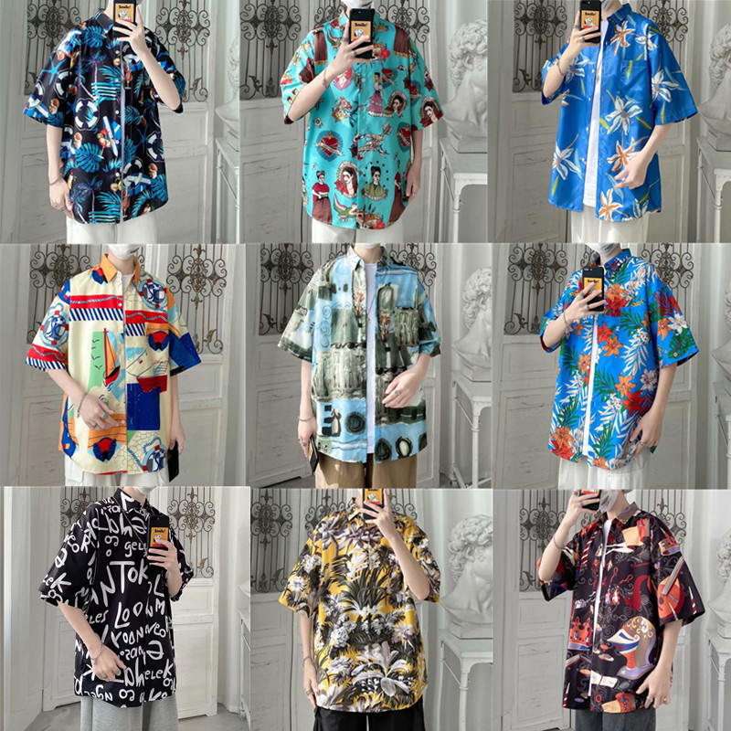 New ins sea breeze chic floral short-sleeved shirts for foreign trade, trendy couple, Hawaiian style beach floral shirts for men
