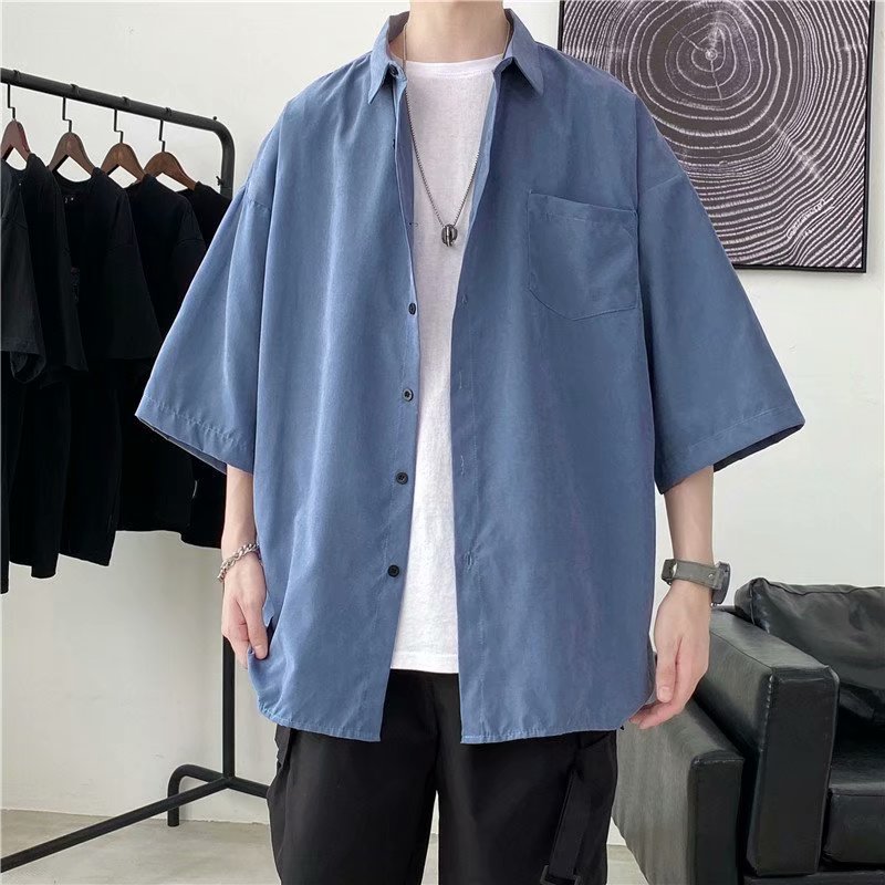 Short-sleeved shirt for men, summer Korean-style trendy shirt, Hong Kong-style Japanese laid-back style, simple and loose five-quarter sleeve shirt