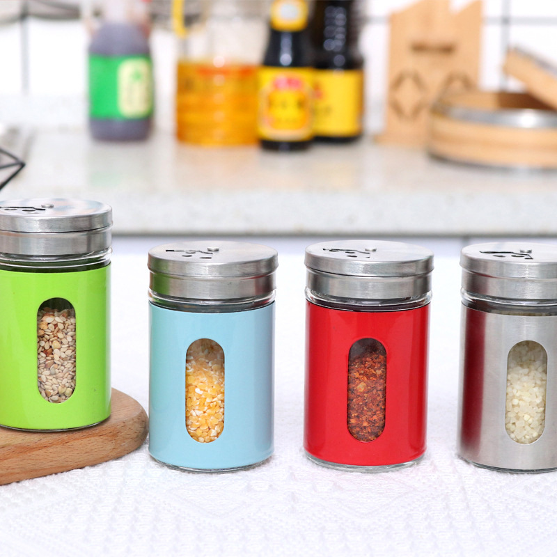 Rotating metal lid glass seasoning bottle double cover sealing jar Seasoning bottle salt jar kitchen glass jar