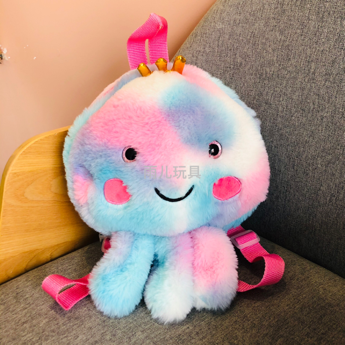 Plush toy schoolbags, children's schoolbags, backpacks, octopus schoolbags, tie-dyed octopus stuffed cotton schoolbags Item Picture