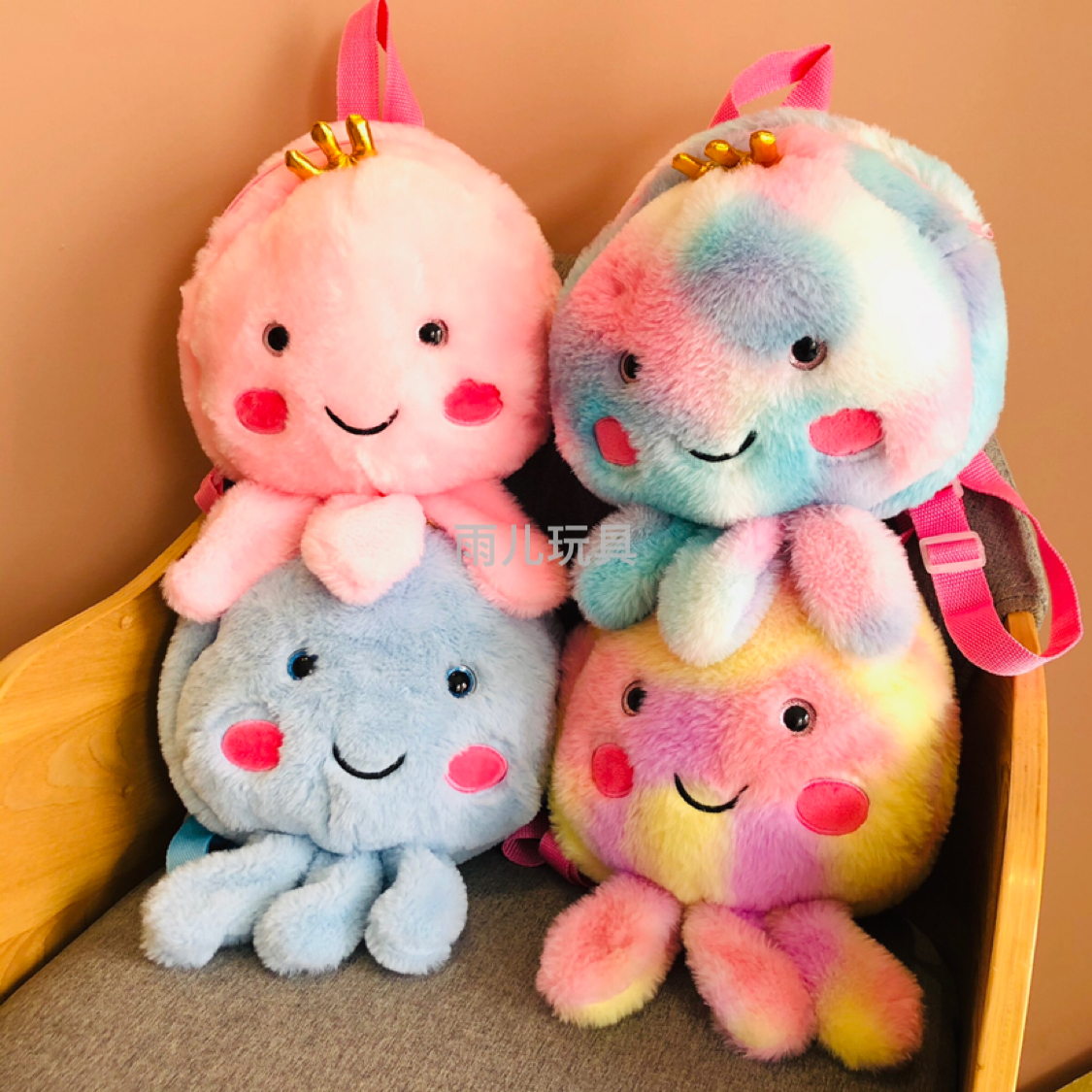 Plush toy schoolbags, children's schoolbags, backpacks, octopus schoolbags, tie-dyed octopus stuffed cotton schoolbags Application Scenario