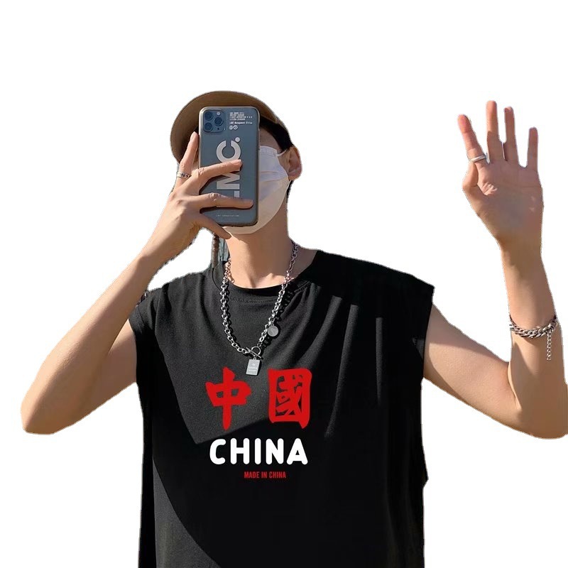 Cross-border Chinese Internet buzzwords: vest, sleeveless, printed T-shirt, men's summer wear, loose, trendy, cool, casual and versatile, student Item Picture