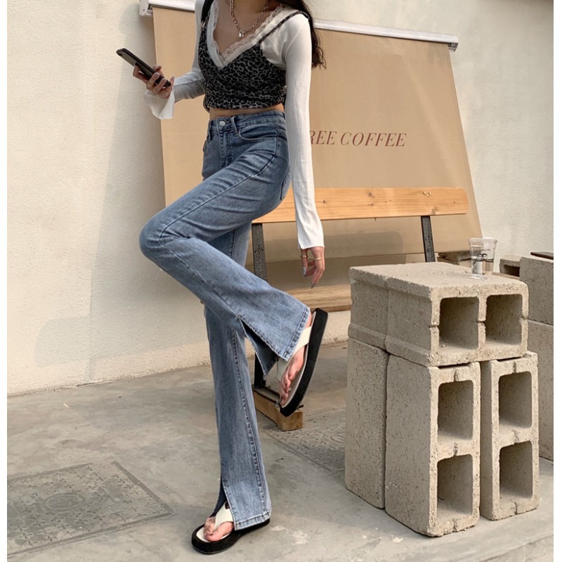 Split floor-length jeans for women, 2021 summer new high-waisted, slimming, slightly flared pants, straight-leg pants details Picture