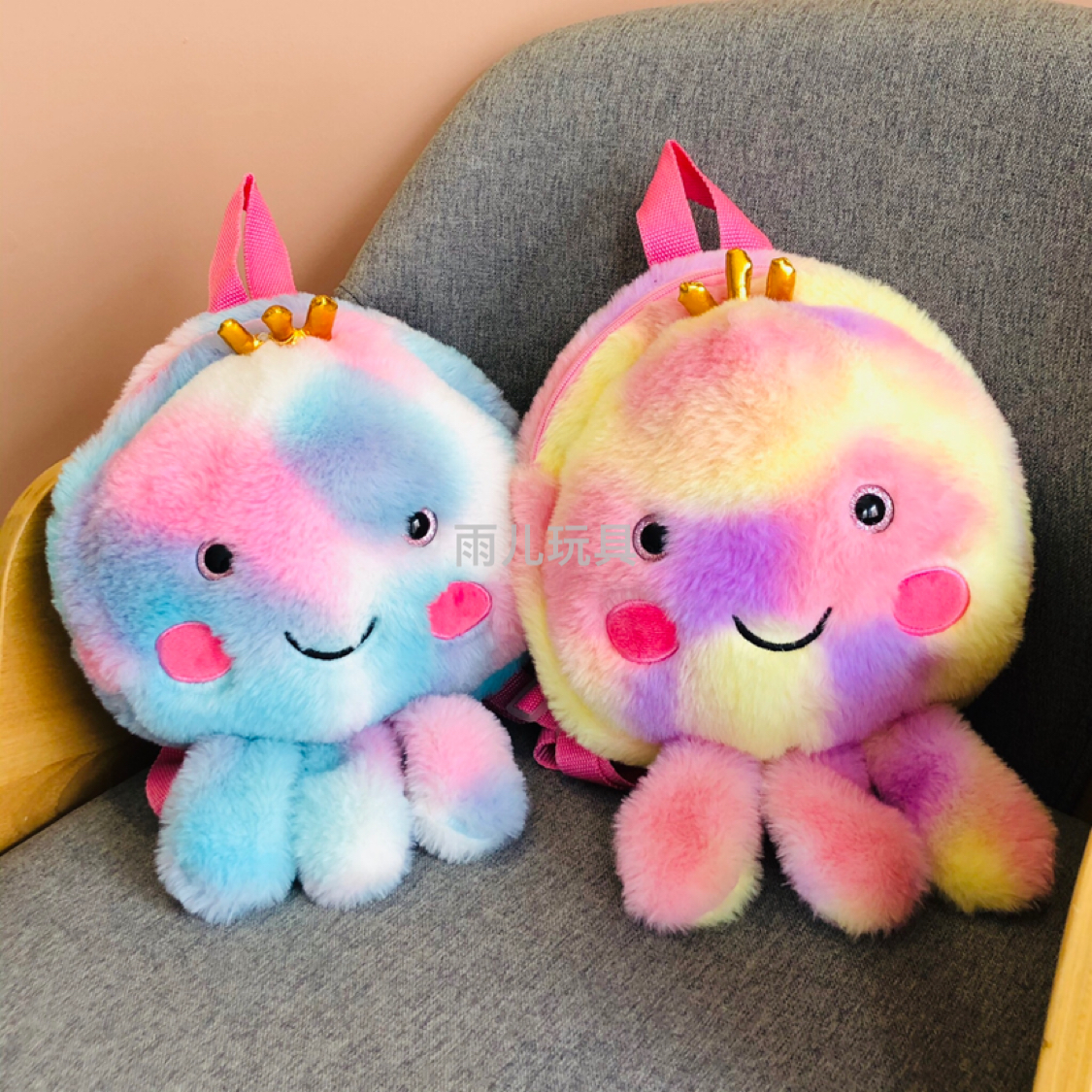 Plush toy schoolbags, children's schoolbags, backpacks, octopus schoolbags, tie-dyed octopus stuffed cotton schoolbags details Picture
