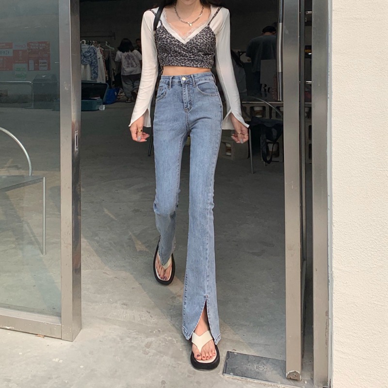 Split floor-length jeans for women, 2021 summer new high-waisted, slimming, slightly flared pants, straight-leg pants