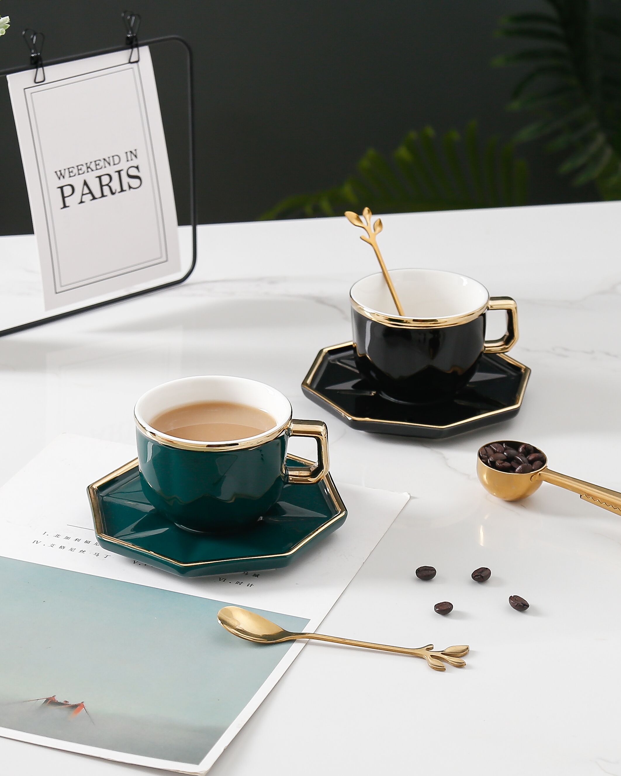 Ceramic high-end gold afternoon tea gift coffee cup set with spoon cup saucer thumbnail