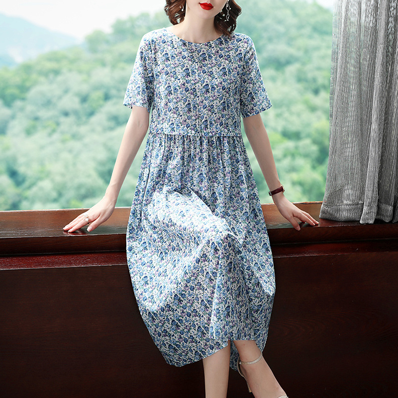 Short-sleeved dress, floral print, plus-size women's dress, fashionable and youthful, chubby girl dress, long printed dress, long dress, trendy Specification image