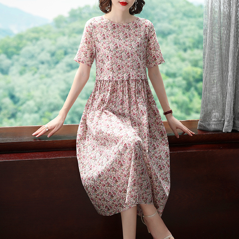 Short-sleeved dress, floral print, plus-size women's dress, fashionable and youthful, chubby girl dress, long printed dress, long dress, trendy