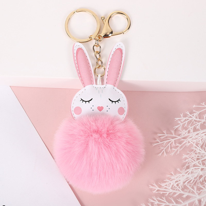 毛绒钥匙扣 创意兔耳朵可爱毛球钥匙扣挂件Pu造型猫咪钥匙扣