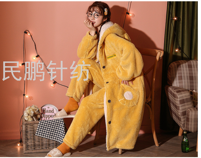 Men and women couples autumn and winter cute thick and plush plush long set pajamas home wear thumbnail