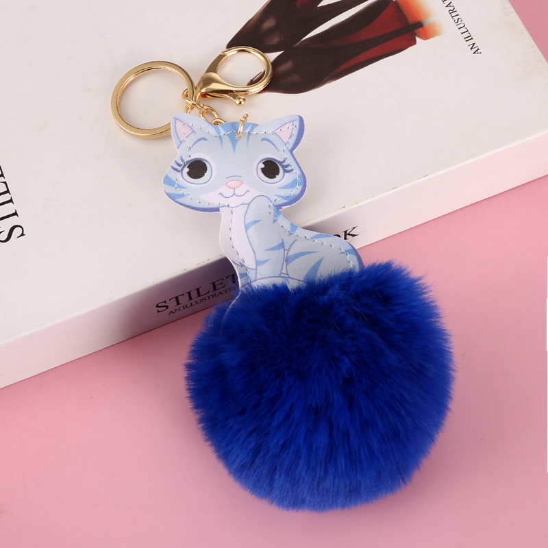 蓝色猫咪毛球钥匙扣仿獭兔毛球挂件猫咪女士包包挂饰礼品