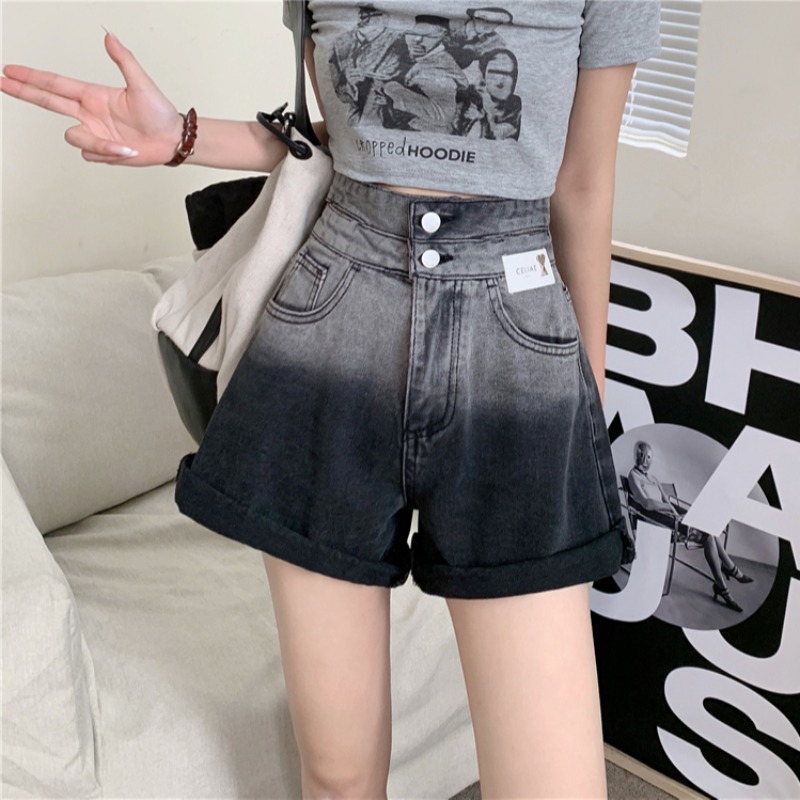 Gradient design high-waisted denim shorts for women 2021 Summer new style loose and slimming A-line straight leg rolled wide-leg pants