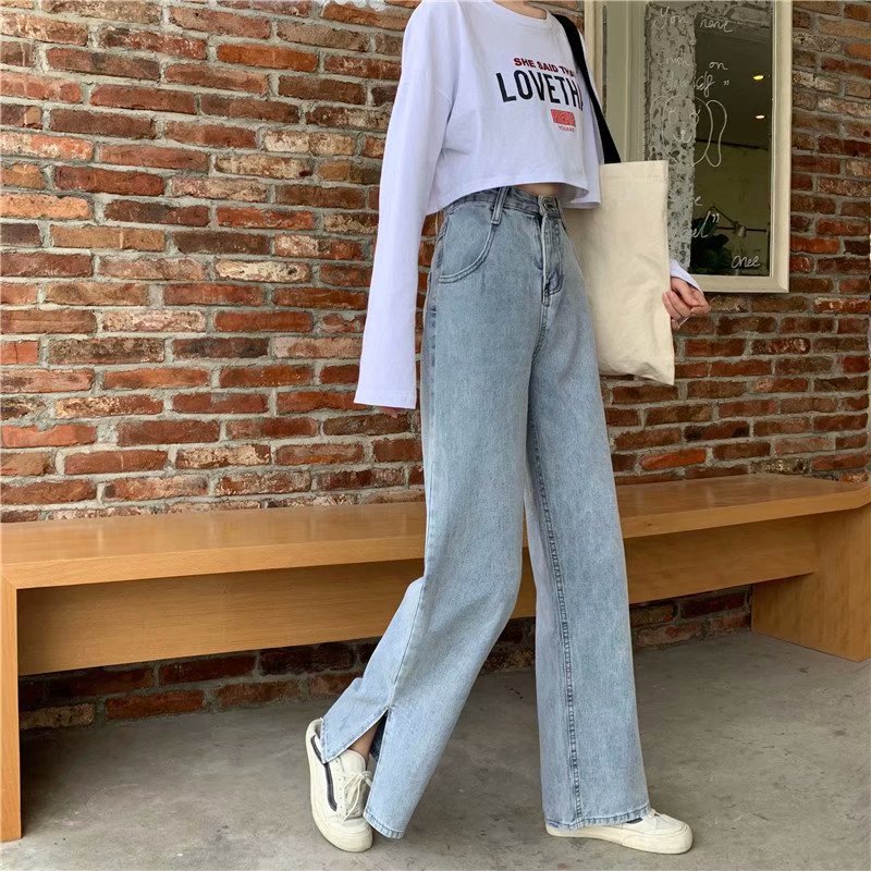 ins trendy retro high-waisted, versatile, loose and slimming split denim pants for women's spring and summer chic Korean-style straight-leg pants Specification image