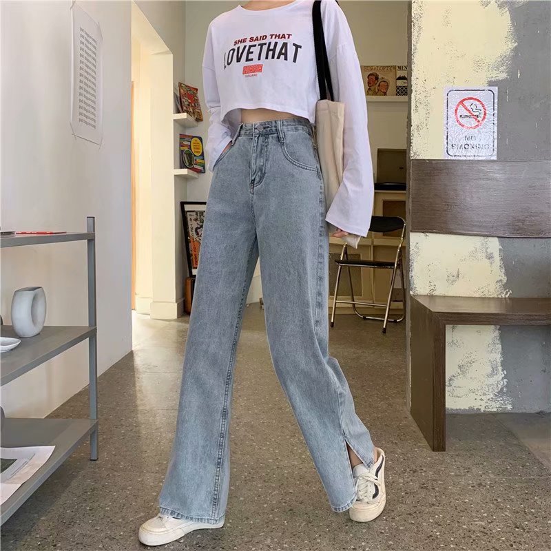 ins trendy retro high-waisted, versatile, loose and slimming split denim pants for women's spring and summer chic Korean-style straight-leg pants Application Scenario