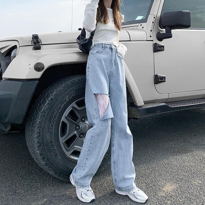 High-waisted, drape, ripped jeans for women in summer 2021, loose, beggar pants for plus-size, chubby girls, straight leg, wide leg, trendy Specification image