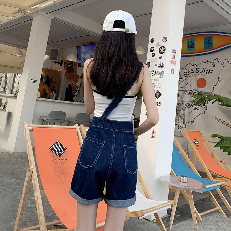 Summer retro salt single-shoulder overalls for women 2021 new style fashionable and youthful thin denim shorts, Korean style loose Application Scenario