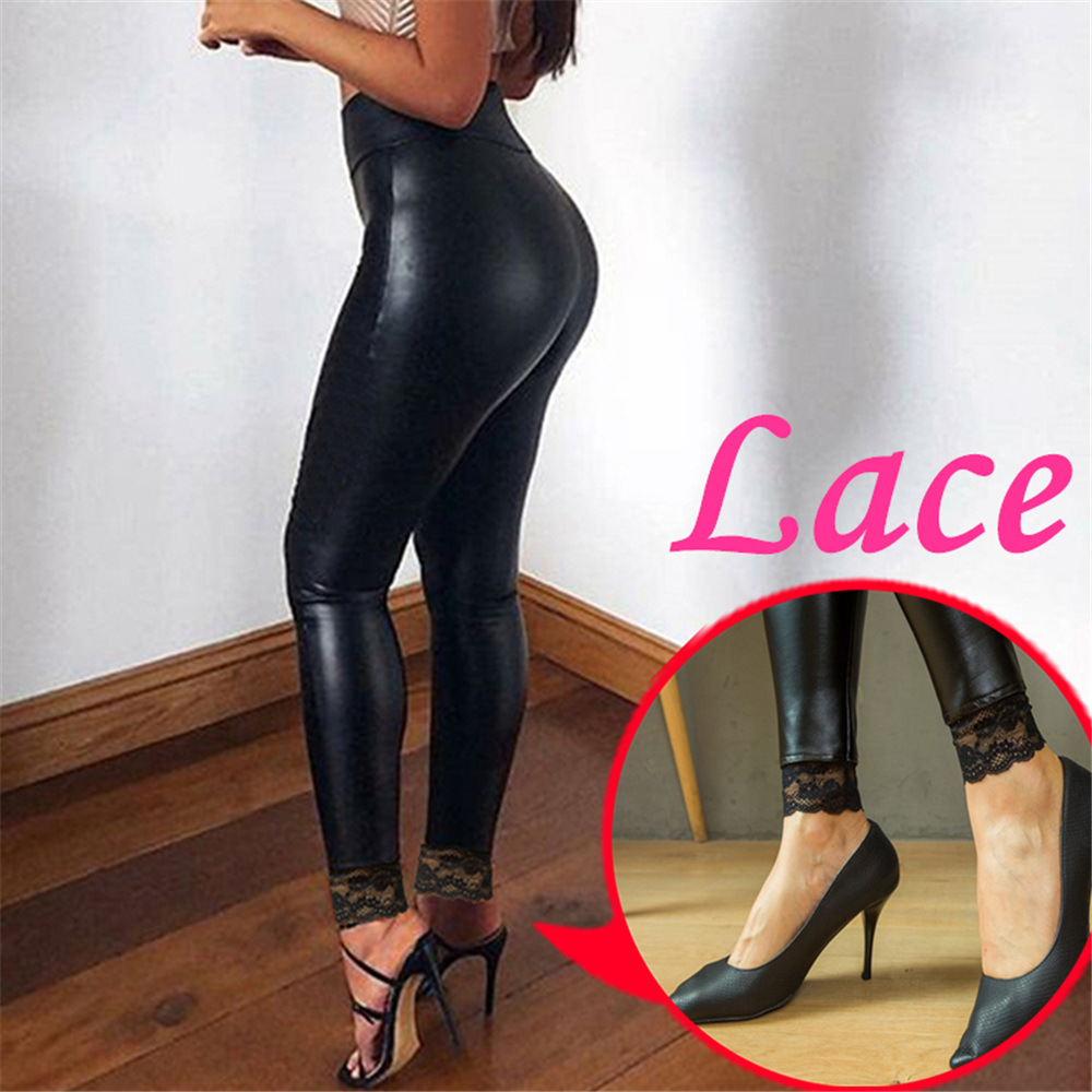 Cross-border bestseller lace-trimmed PU leather pants, wish and ebay hot sales, leggings for women, high-waisted women's pants, plus-size
