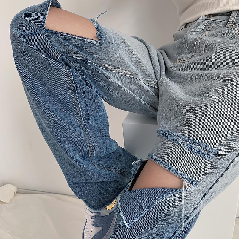 Gradient light blue ripped jeans, loose high-waisted women's summer 2021 Harajuku ins new straight-leg trousers details Picture