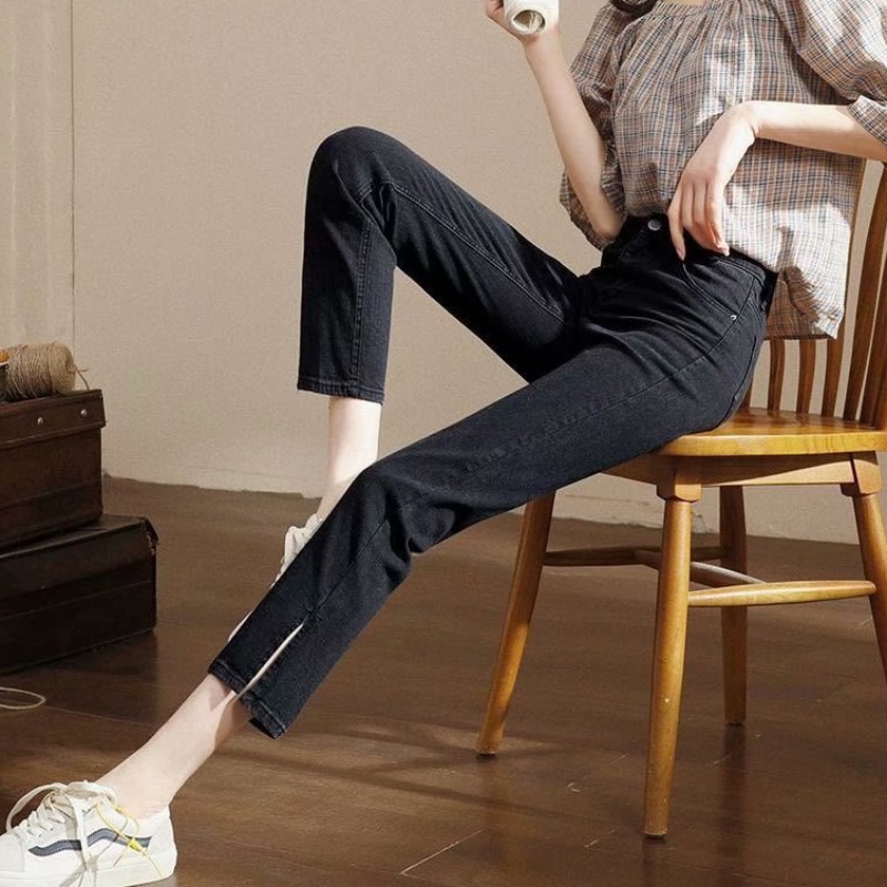 Split jeans for women's straight-leg loose summer 2021 new style high-waisted slimming 9-inch wide-leg cigarette pants are trendy details Picture