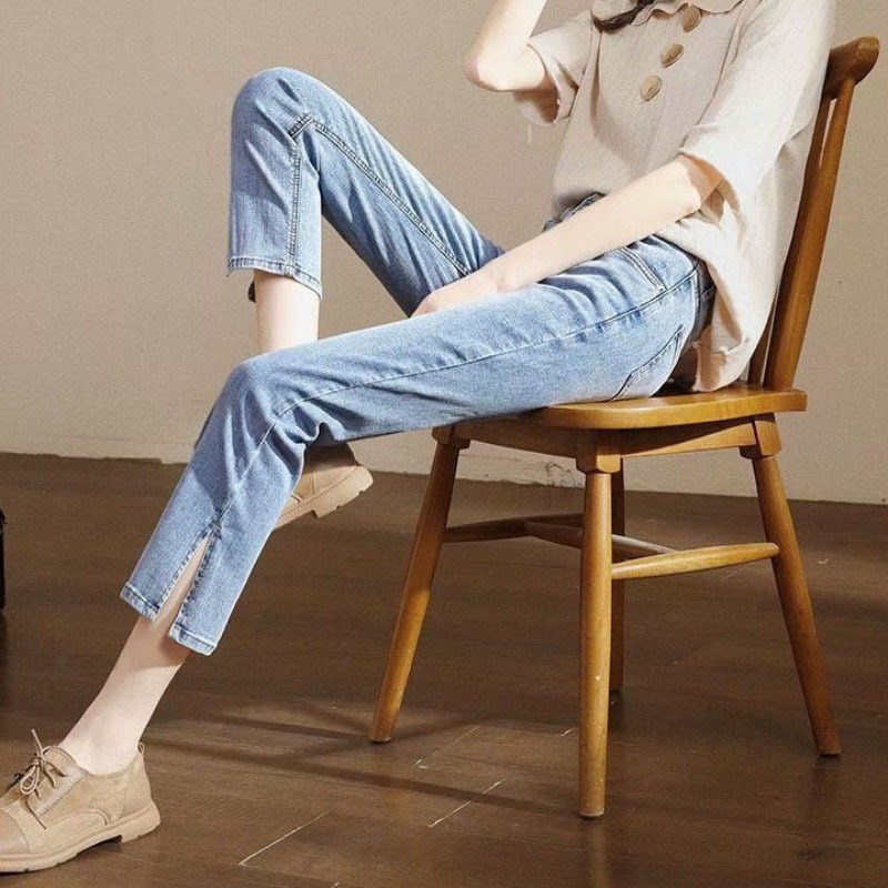 Split jeans for women's straight-leg loose summer 2021 new style high-waisted slimming 9-inch wide-leg cigarette pants are trendy Application Scenario