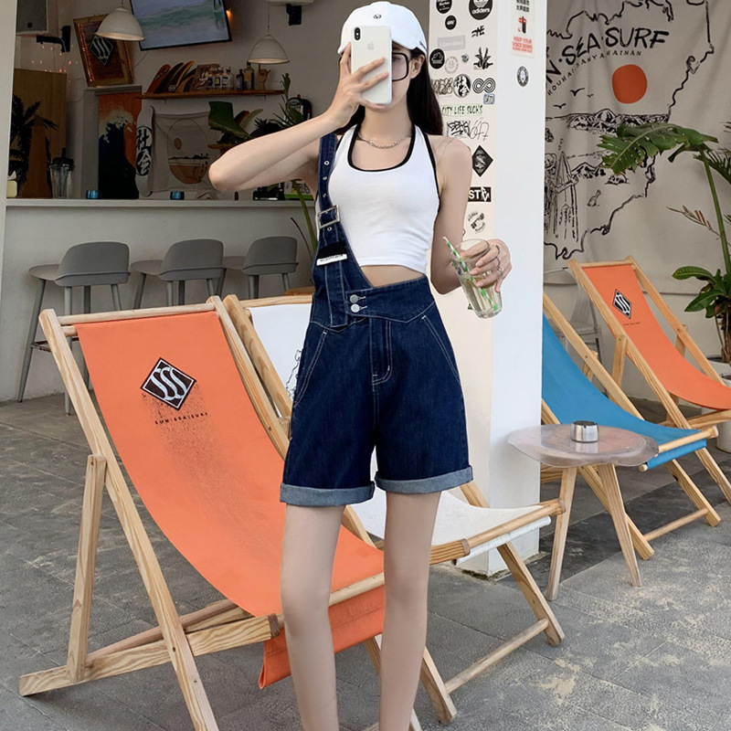 Summer retro salt single-shoulder overalls for women 2021 new style fashionable and youthful thin denim shorts, Korean style loose Specification image