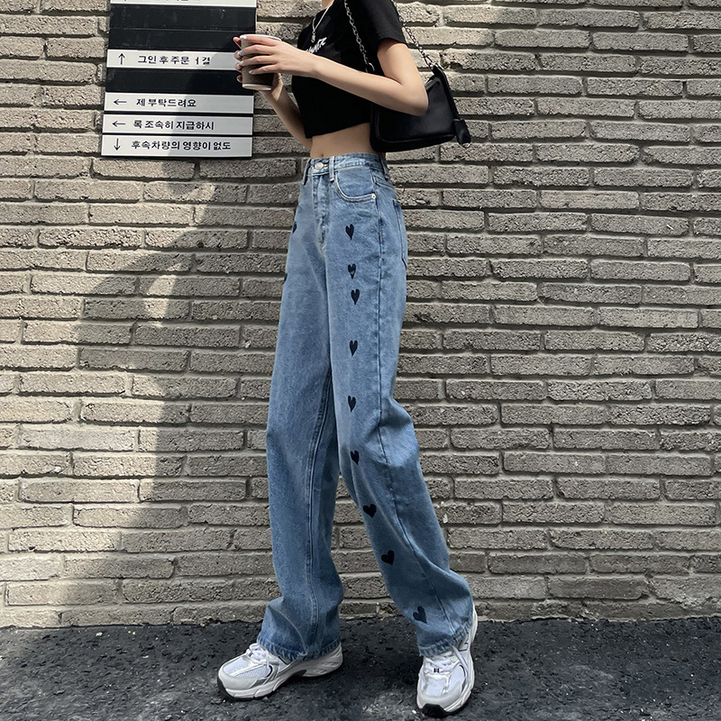 Women's straight-leg loose summer jeans 2021 new summer heart-shaped high-waisted slimming wide-leg drape floor-length pants details Picture