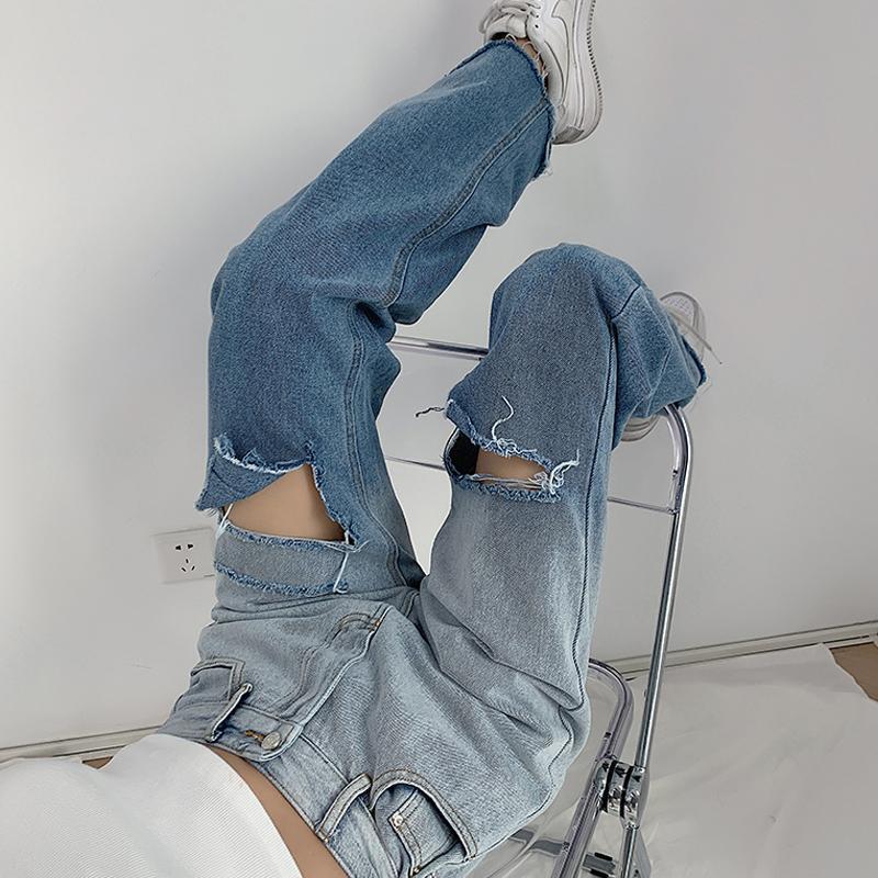 Gradient light blue ripped jeans, loose high-waisted women's summer 2021 Harajuku ins new straight-leg trousers