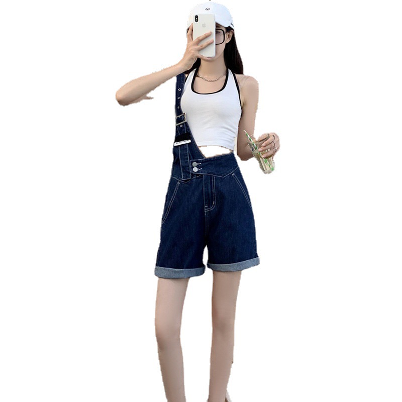 Summer retro salt single-shoulder overalls for women 2021 new style fashionable and youthful thin denim shorts, Korean style loose Item Picture
