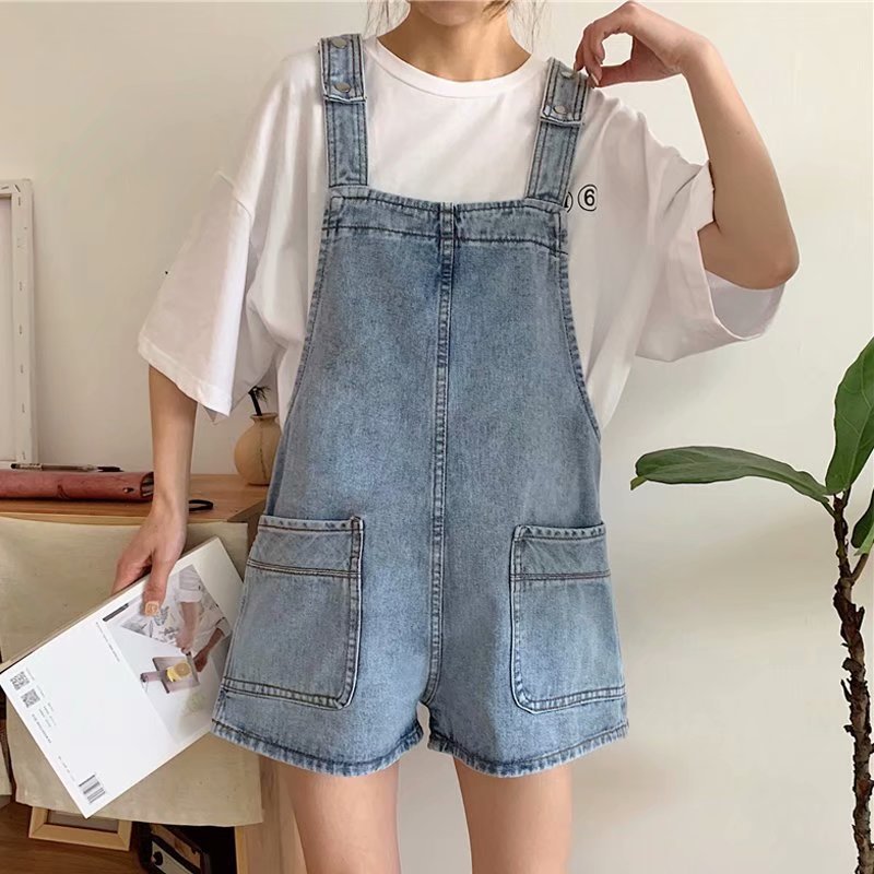 小个子阔腿牛仔背带短裤女夏季2021年新款宽松显瘦减龄直筒连体裤