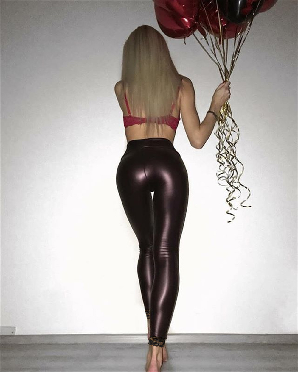 Cross-border bestseller lace-trimmed PU leather pants, wish and ebay hot sales, leggings for women, high-waisted women's pants, plus-size Specification image