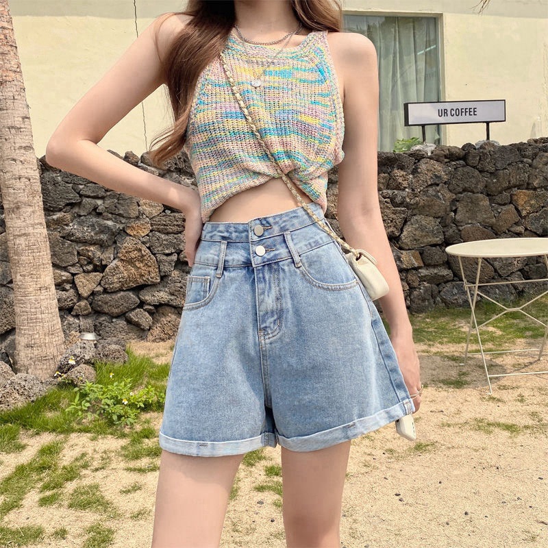 2021夏季新款ins卷边牛仔短裤韩版女学生高腰a字显瘦热裤一件代发