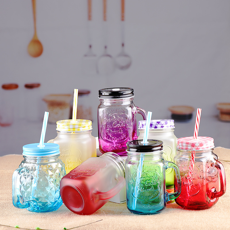 Creative Mason Cup Gradient Color Cold Drink Straw Glass With Lid Juice Tea Drink Handle Cup Custom