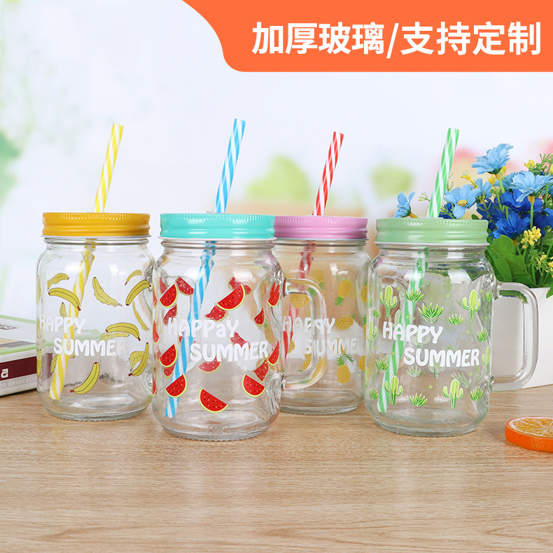 Cold Drink With Straw Rooster Cup Juice Cup Mason Cup Coffee Cup Printed Glass Glass Mason Cup With Lid details Picture