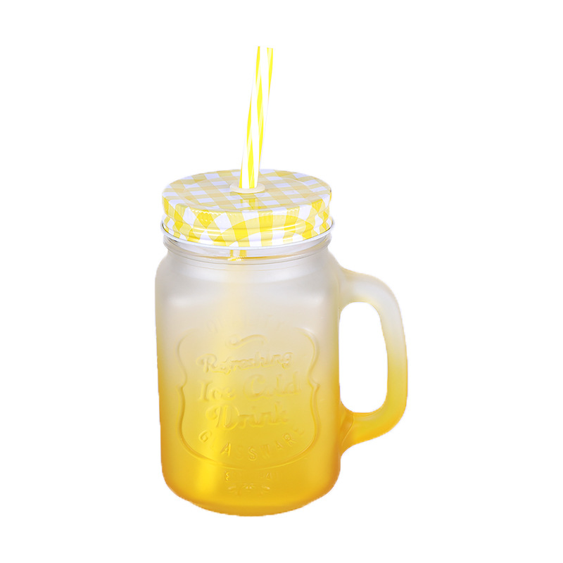 Creative Mason Cup Gradient Color Cold Drink Straw Glass With Lid Juice Tea Drink Handle Cup Custom Item Picture