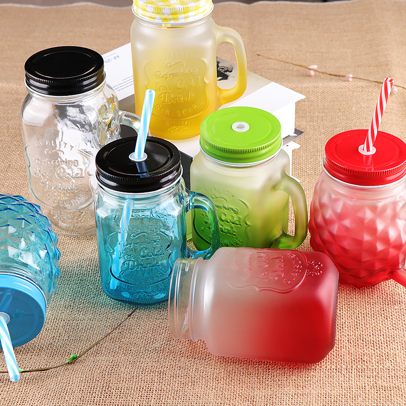 Creative Mason Cup Gradient Color Cold Drink Straw Glass With Lid Juice Tea Drink Handle Cup Custom Specification drawing