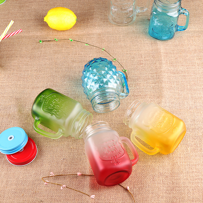 Creative Mason Cup Gradient Color Cold Drink Straw Glass With Lid Juice Tea Drink Handle Cup Custom Application Scenario