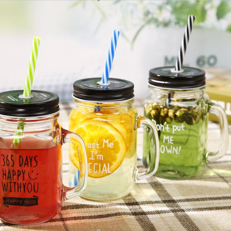 Glass with lid letter handle cup transparent Mason drink bottle printed straw glass handle cup