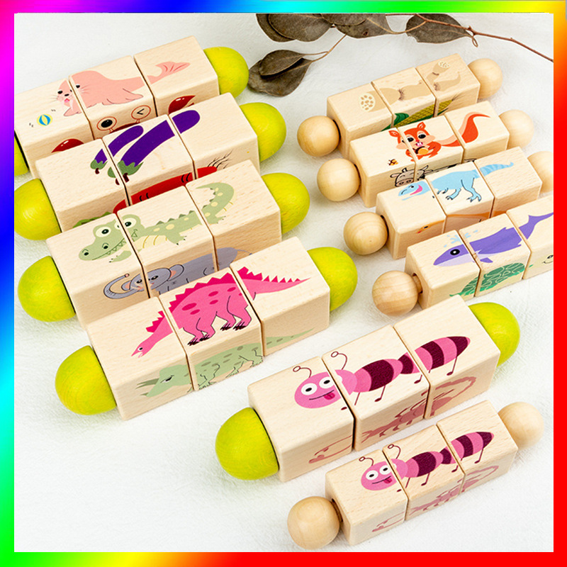 Wholesale of rotating jigsaw puzzles, wooden animal four-sided Rubik's Cube cognitive building blocks, children's parent-child games, early education and intelligence toys