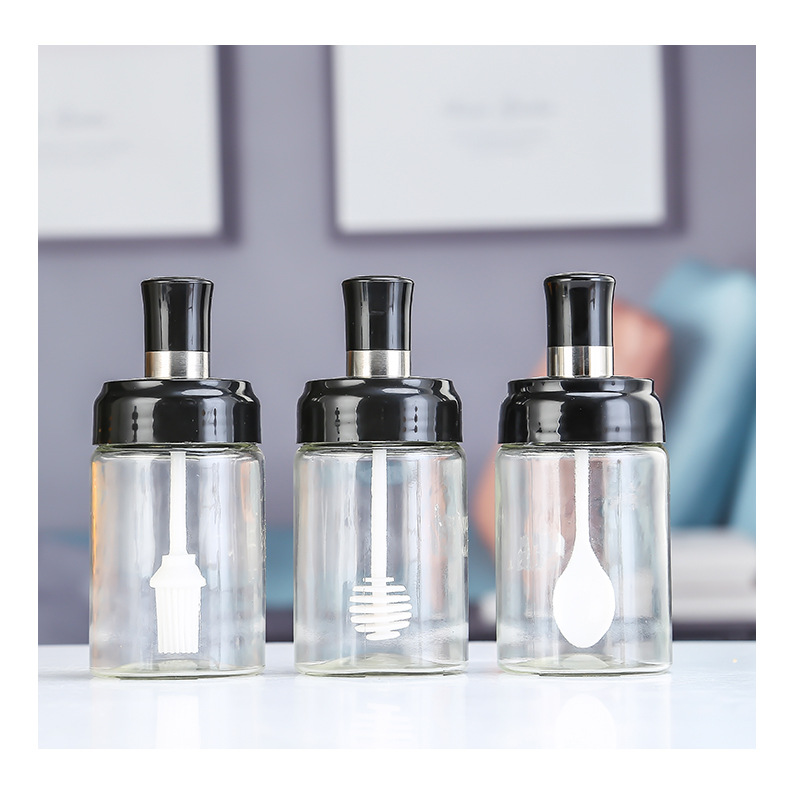 勺盖一体调味罐调料罐厨房调味盒带油刷蜂蜜瓶玻璃防潮透明调味瓶