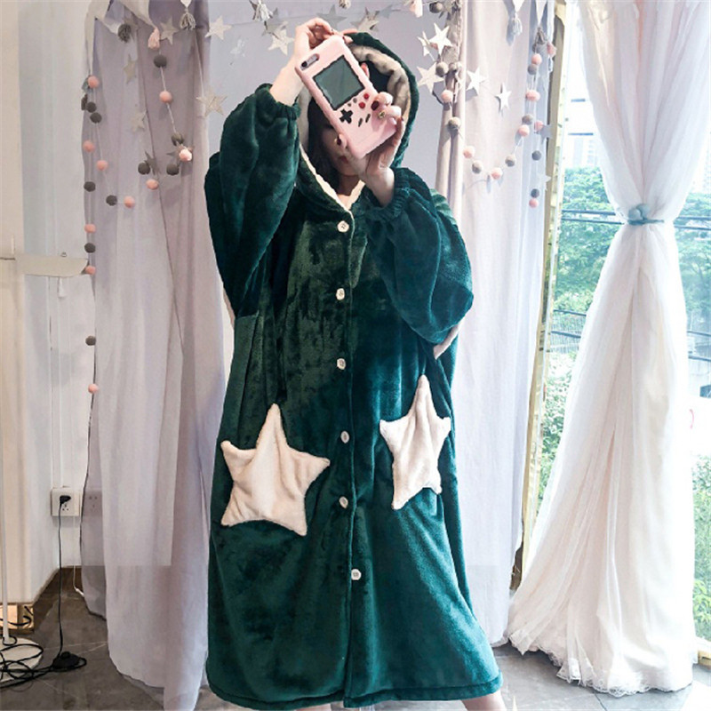 Flannel bathrobe for women in autumn and winter, Korean style, solid color, hooded, thick, warm, long, sweet and loose coral fleece pajamas Specification image