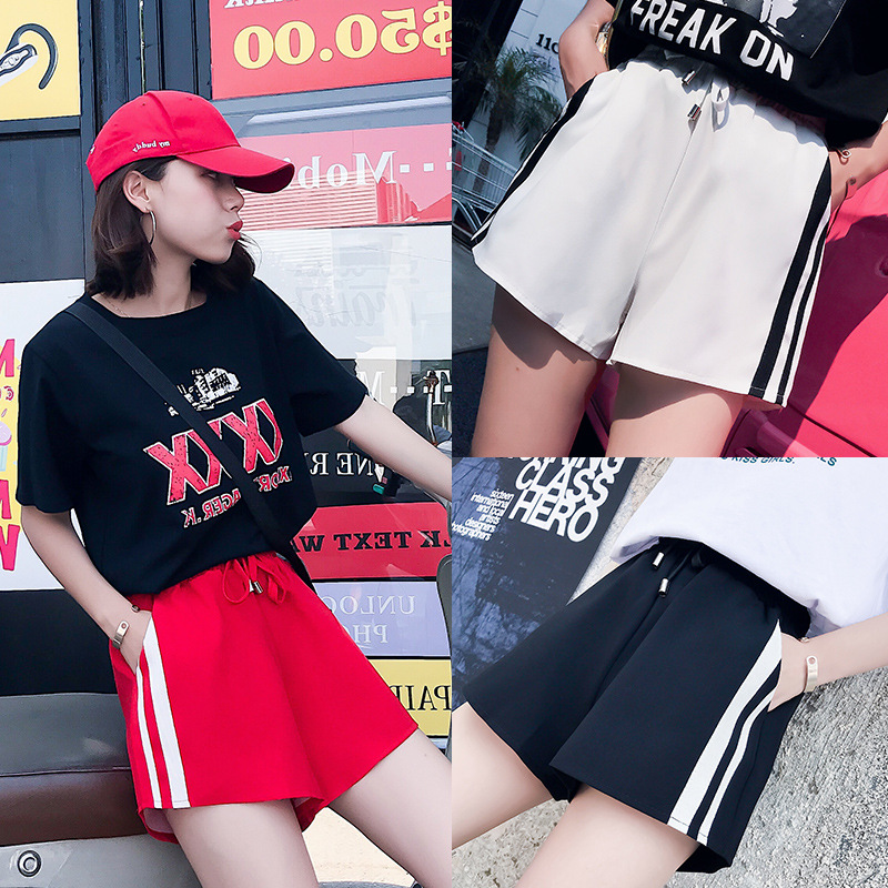 Real photos of loose Korean-style slimming wide-leg sports shorts for women, summer black high-waisted versatile student casual hot pants details Picture