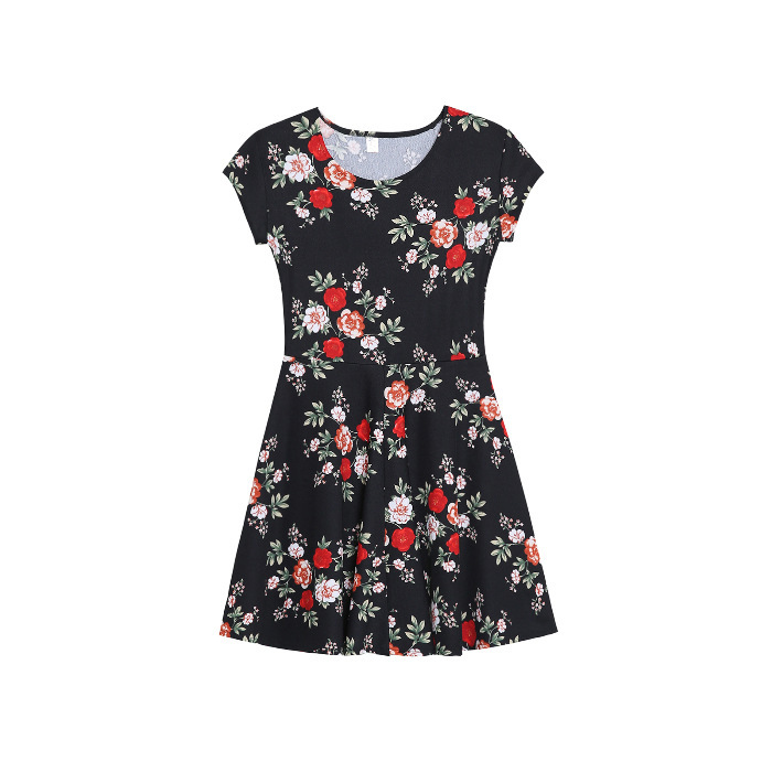 2020 Summer new mid-length mom's dress short-sleeved printed dress, round neck slimming floral A-line base dress Item Picture